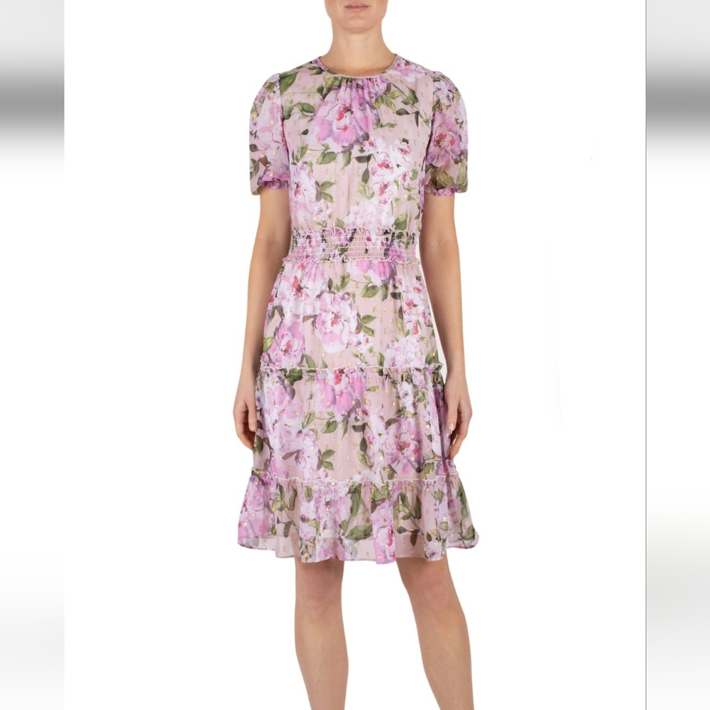 Julia Jordan Floral Puff Sleeve Dress Size 6 Smocked Waist Tiered Blush Pink